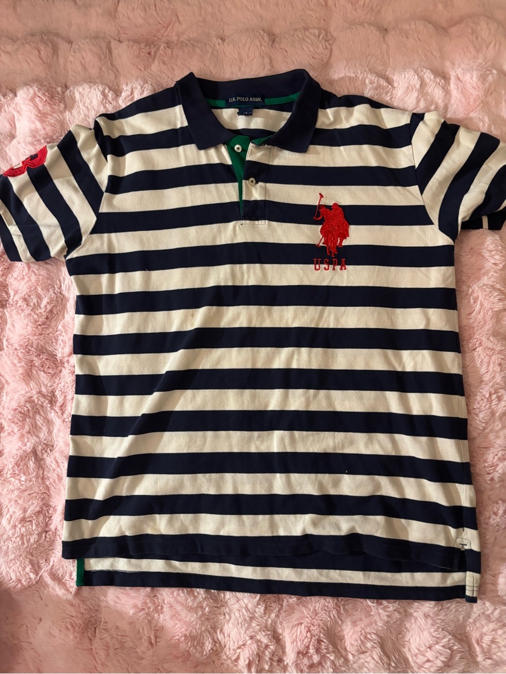U.S. Polo Assn. Navy & White Striped Polo with Red Logo